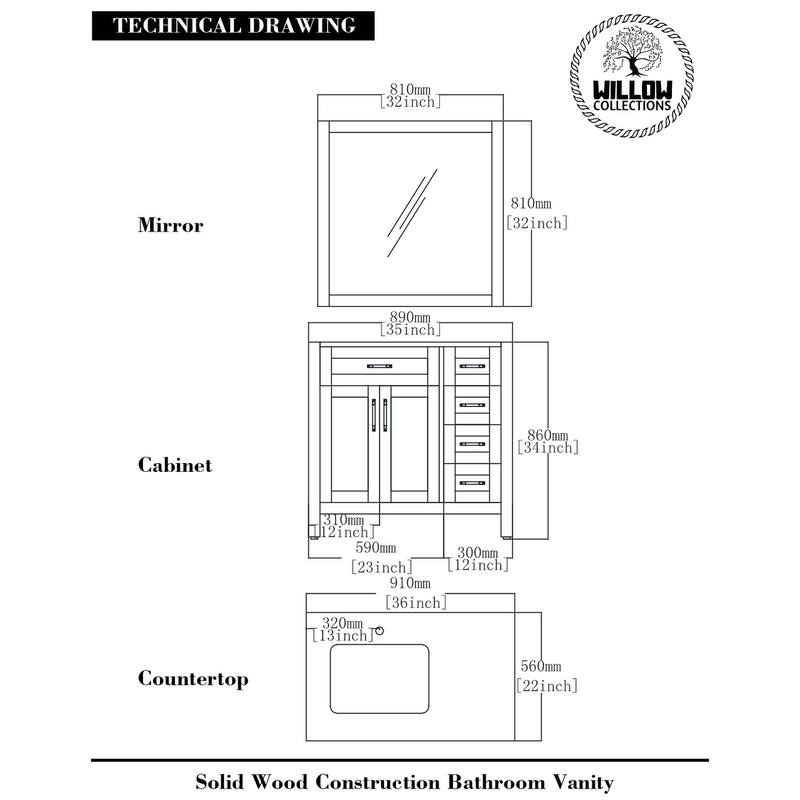 Willow Collections 36 in. W x 22 in. D Cambridge Left Offset Sink Bathroom Vanity with Countertop