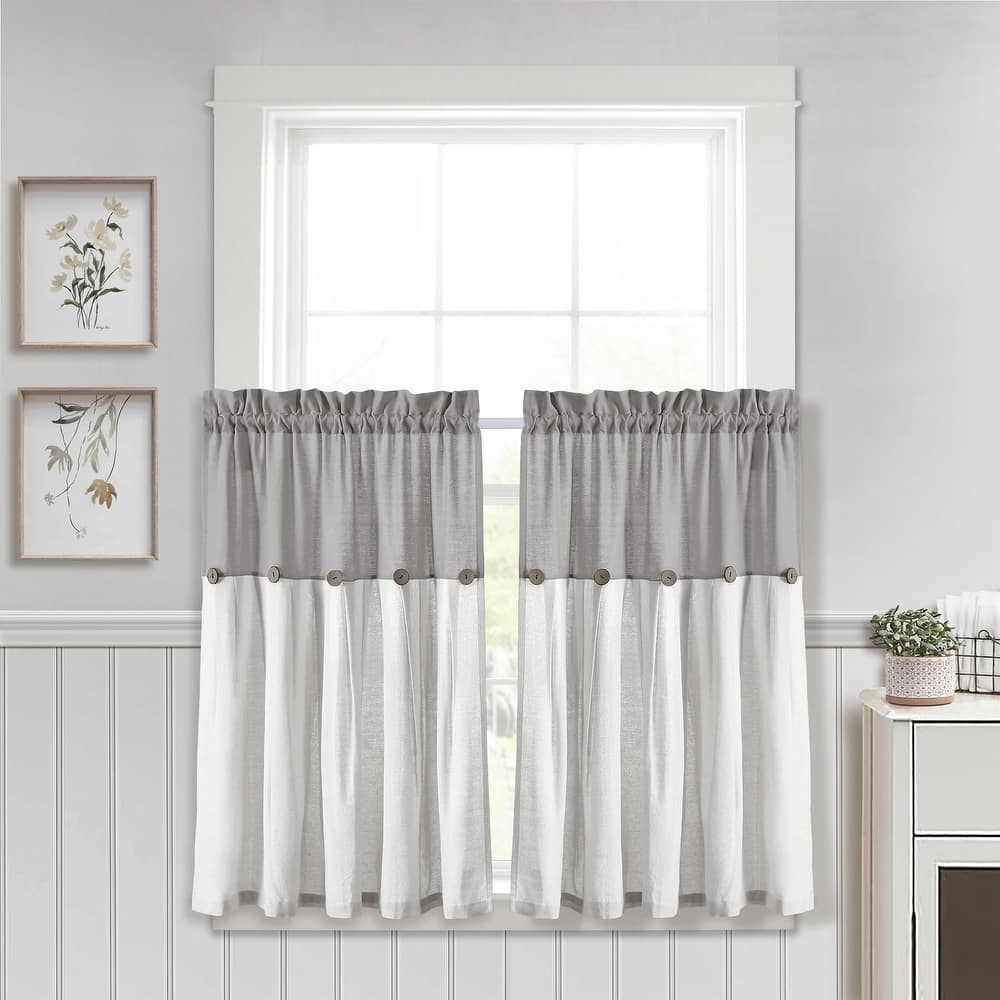 Lush Decor Linen Button Kitchen Tier Window Curtain Panel Pair