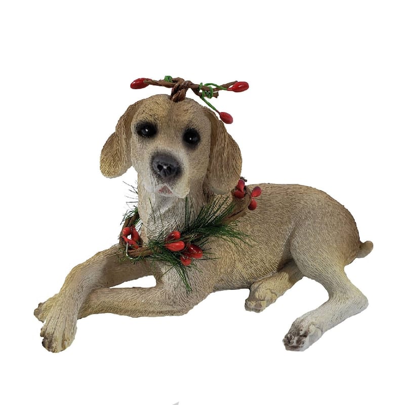 Laying Dog Christmas Tabletop Figurine - 6" - Beige and Red