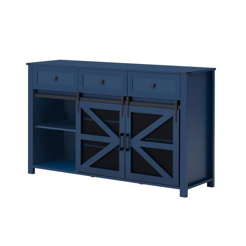 55'' Sliding Barn Door Sideboard with 3 Drawers, Particle Board & Metal Mesh Storage Cabinet