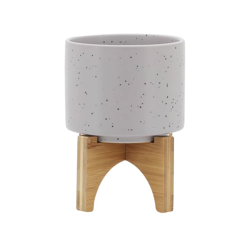 Sagebrook Home Ceramic Planters with Bamboo Stand Indoor/Outdoor - 5.0" x 5.0" x 7.0" - Grey