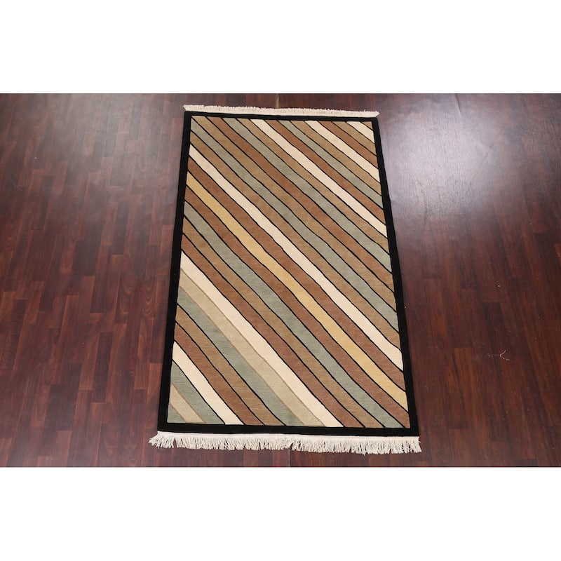 Vegetable Dye Modern Striped Nepalese Oriental Wool Area Rug Handmade - 5'2" x 8'2"