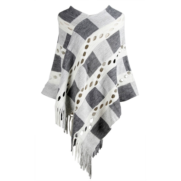 QZUnique Women Tassel Pullover Hollow out Knit Poncho Cape Shawl Cloak