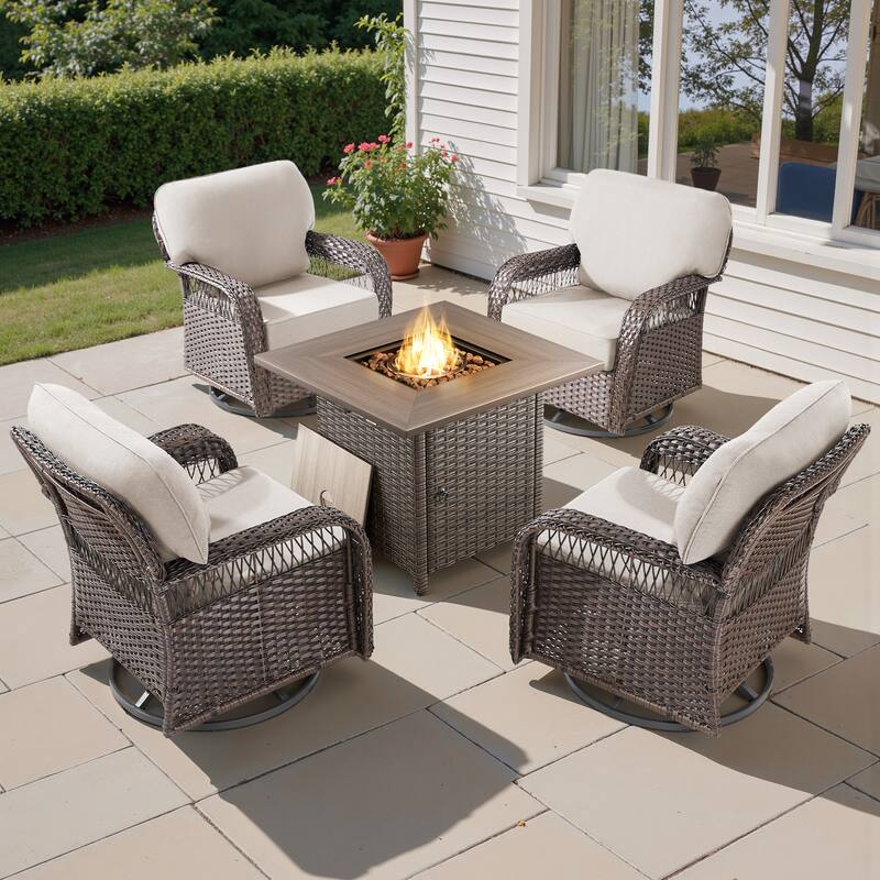 Pocassy Outdoor Sofa Ottoman Swivel Chair Table with Fire Table Set. - Brown Wicker Beige Cushion - 5-Piece Swivel Chair with Fie Pit Table