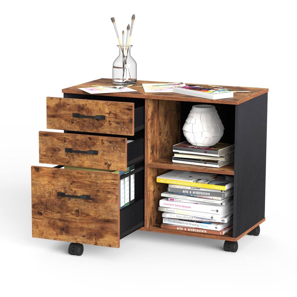 Industrial Mobile Laterial File Cabinet with 3 Drawers, Rustic Brown