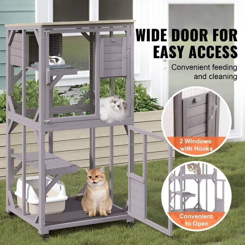Gray Fir Wood Mesh Cat House 3 Tiers, 1 Door, Tray, Roof, Wheels