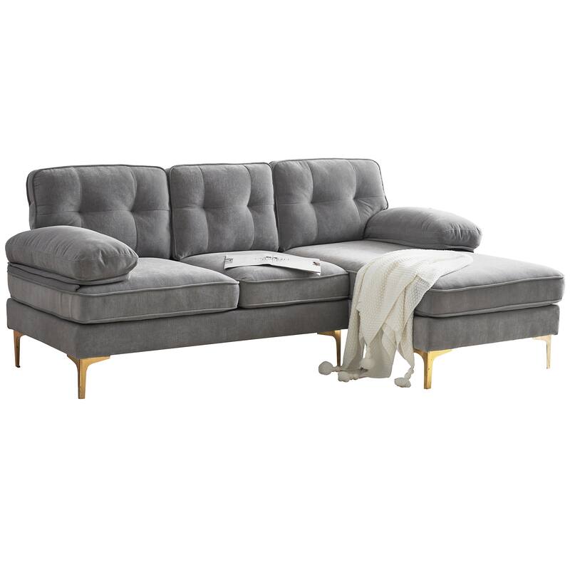 Velvet Sectional Sofas Couches with Pillow Top Arms and Upholstered Backrest, Modern L-Shaped Couches with Metal Legs