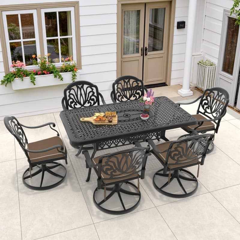 7-Piece Aluminum Rectangular Outdoor Patio Dining Set, 6 Cushioned Swivel Chairs, Table, All-Weather Frames