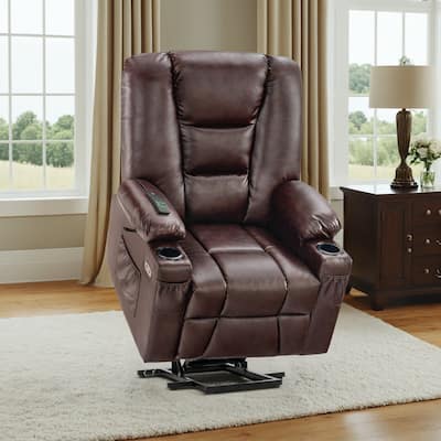 MCombo Large Lift Recliner Chair with Massage and Heat for Elderly, Extended Footrest, Cup Holders, USB Ports, Faux Leather 7539