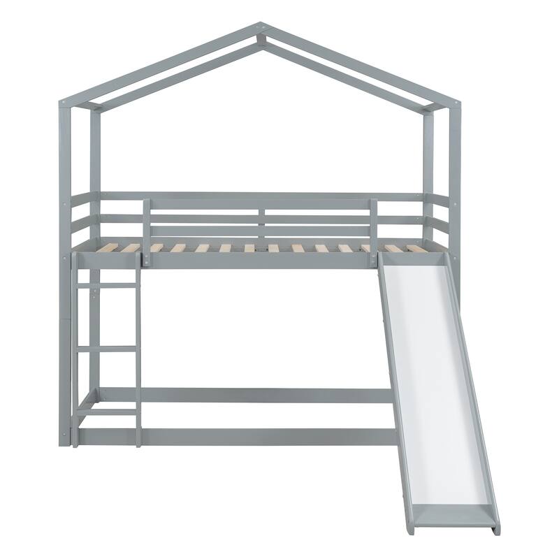Playhouse Bunk Bed Wood TwinTwin Bunk Bed w/ Slide & Roof Unisex Bed