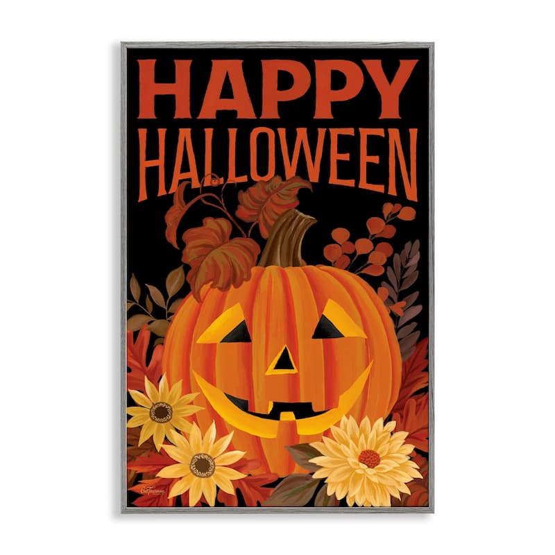 Stupell Happy Halloween Floral Pumpkin Framed Giclee Art Design By Cat Thurman Designs - 16 x 24 - Grey