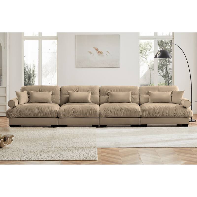 Modern Sectional Couch Comfortable Upholstered Sofa Set with Lumbar Pillow and Throw Pillow for Living Room - 4 Seats - Camel