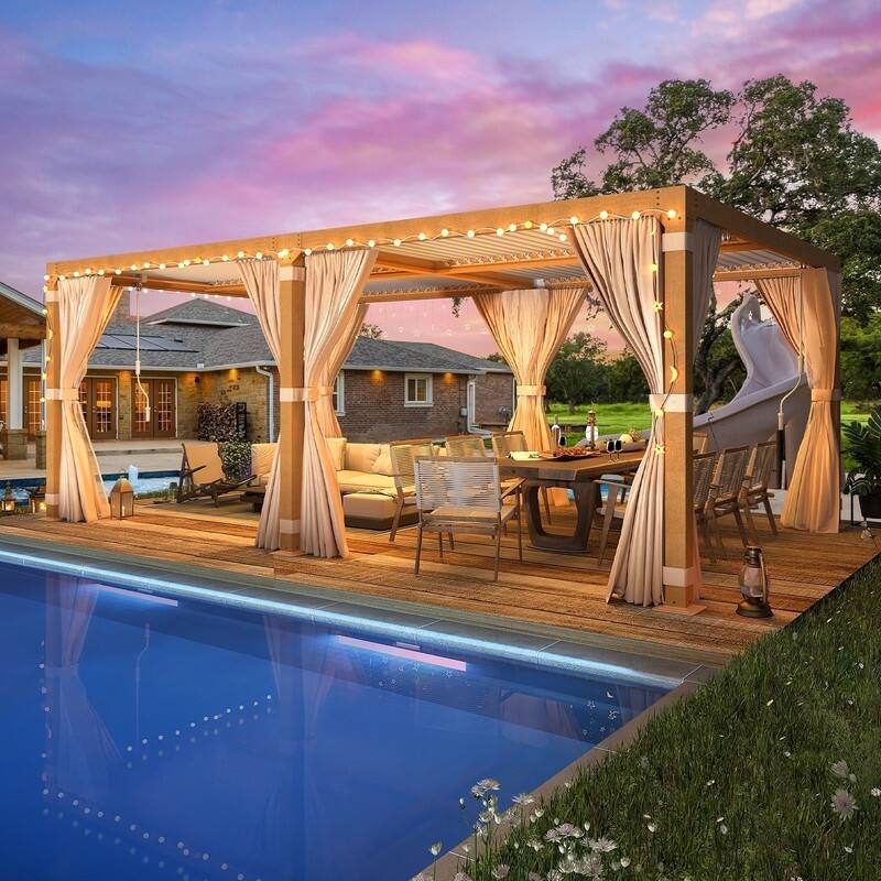 Erommy Outdoor Louvered Pergola Gazebo with Adjustable Aluminum Rainproof Roof and Pull-Down Screen - 12'x20' - Wood