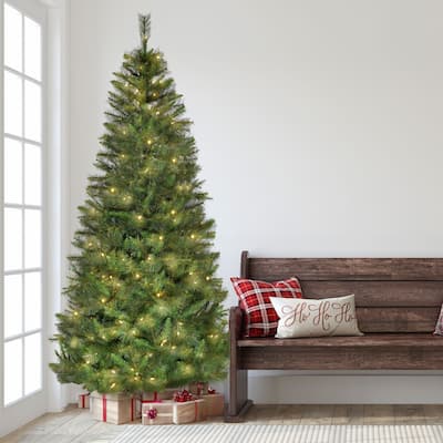 Fraser Hill Farm 7.5-Ft. Pre-Lit Half Wall Green Christmas Tree, Warm White LED Lights