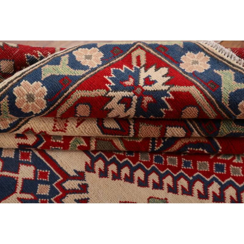 Beige / Ivory Traditional Kazak Oriental Rug Hand-Knotted Wool Carpet - 6'7" x 9'8"