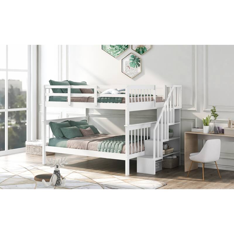 FullOverFull Bunk Bed with Storage Staircase&Guardrail, Wood Stairway Bunk Bedframe for Dorm