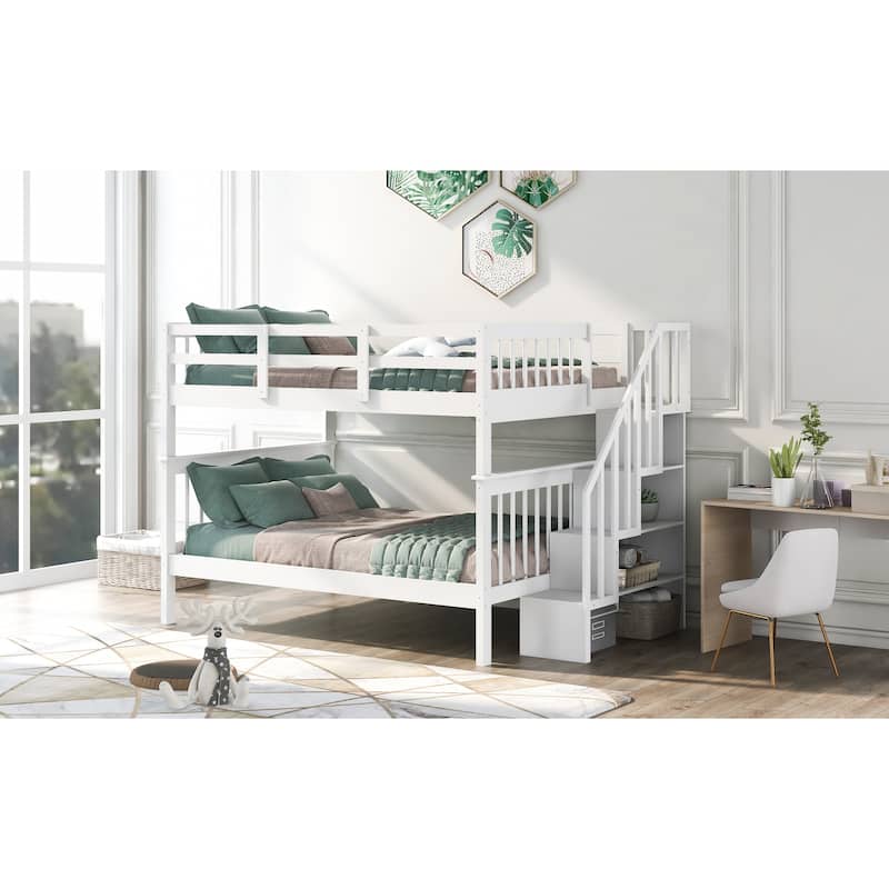 Stairway Full-Over-Full Bunk Bed With Storage And Guard Rail For Bedroom,Dorm,White Color