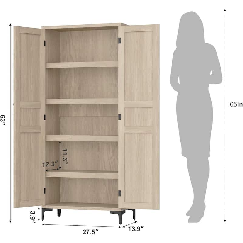 Tall Storage Cabinet,2 Glass Doors, Kitchen Pantry 5 Tier Bathroom Cabinet