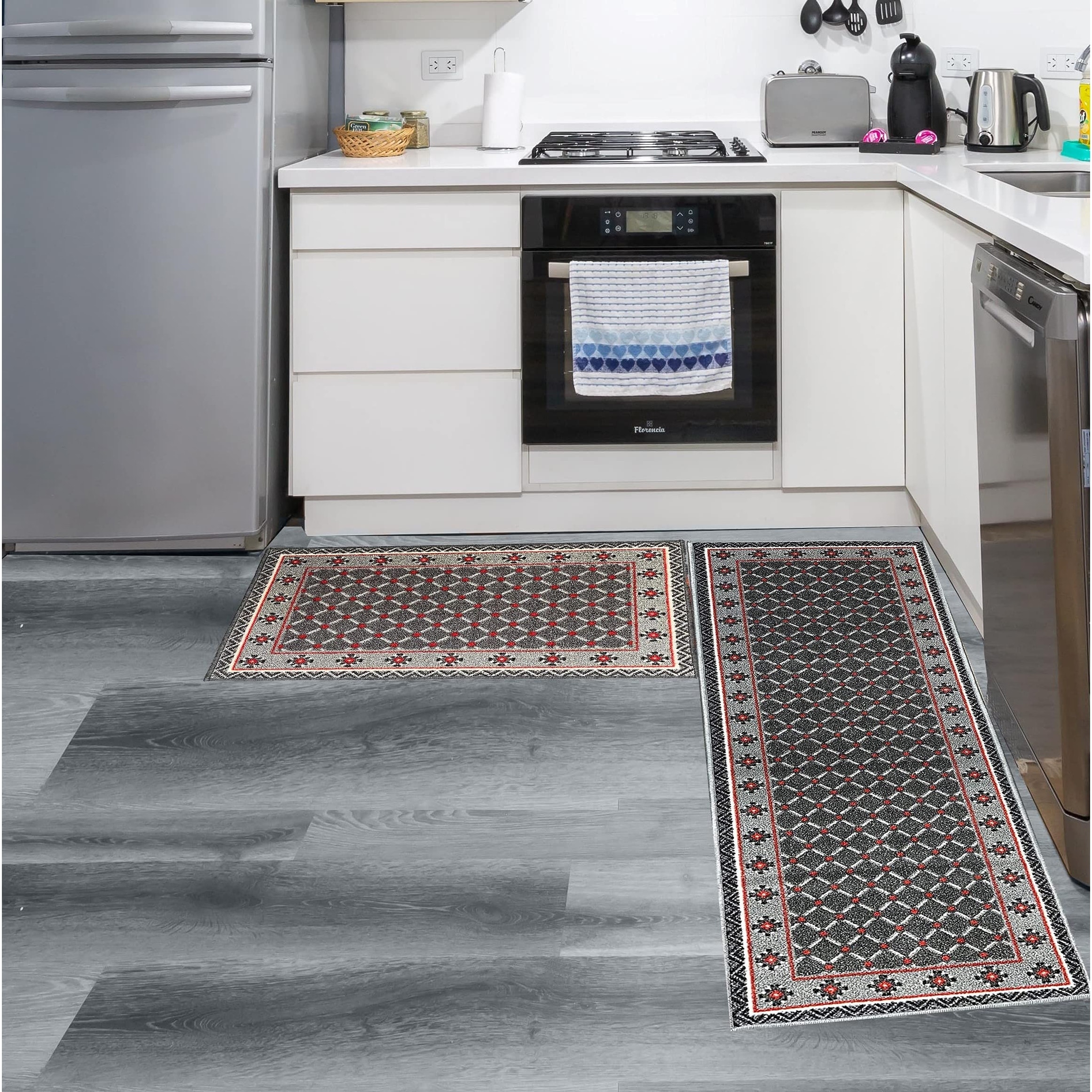 Kitchen Rugs Set of 2- Red, Black, and Grey Modern Geometric Non-Slip  Washable Floor Mats - Comfort Sink and Laundry Room Runner - Contemporary