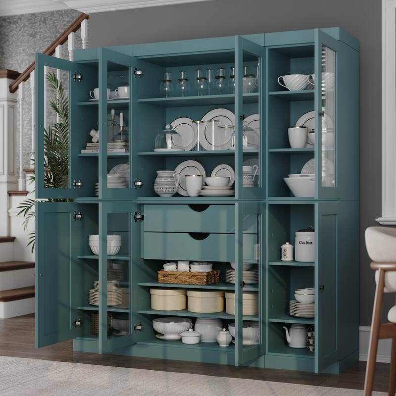 Palace Imports 100% Solid Wood 65" Pantry Cabinet with Clear Glass, Shaker Doors, 2-Drawers and Adjustable Shelves