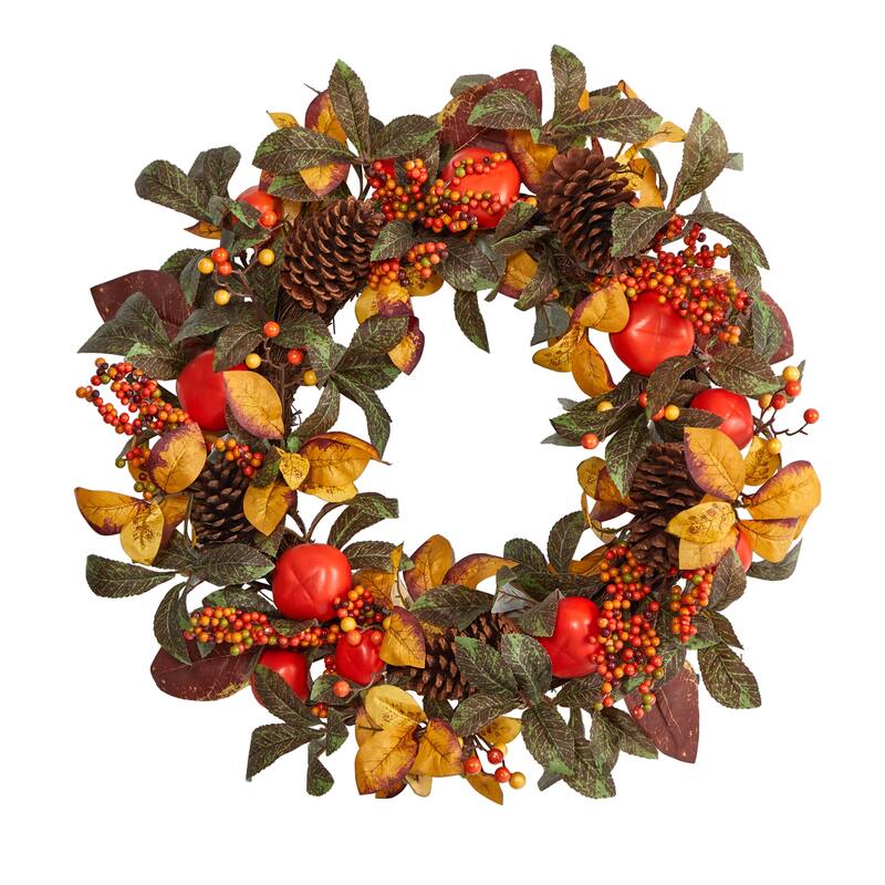 Persimmon and Pinecones Artificial Fall Harvest Wreath, 24-Inch, Unlit