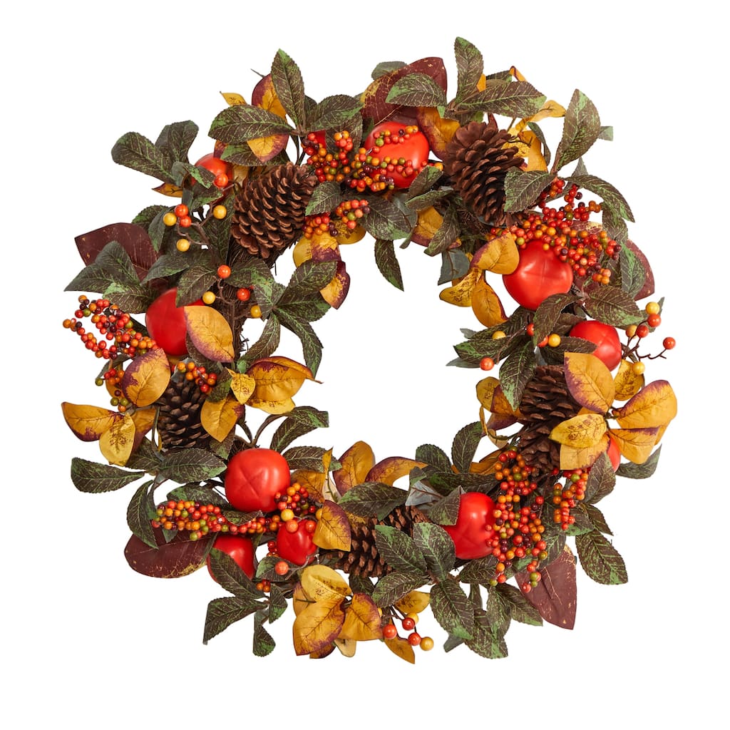 Persimmon and Pinecones Artificial Fall Harvest Wreath, 24-Inch, Unlit