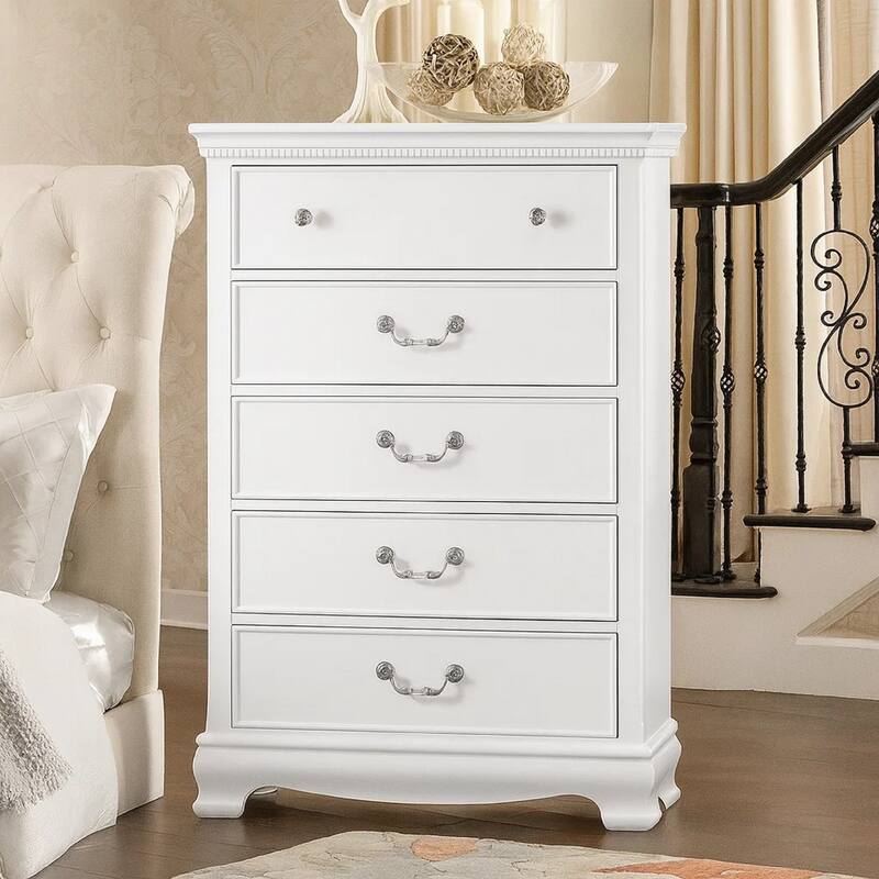Traditional Style Wooden Chest With 5 Drawers, White