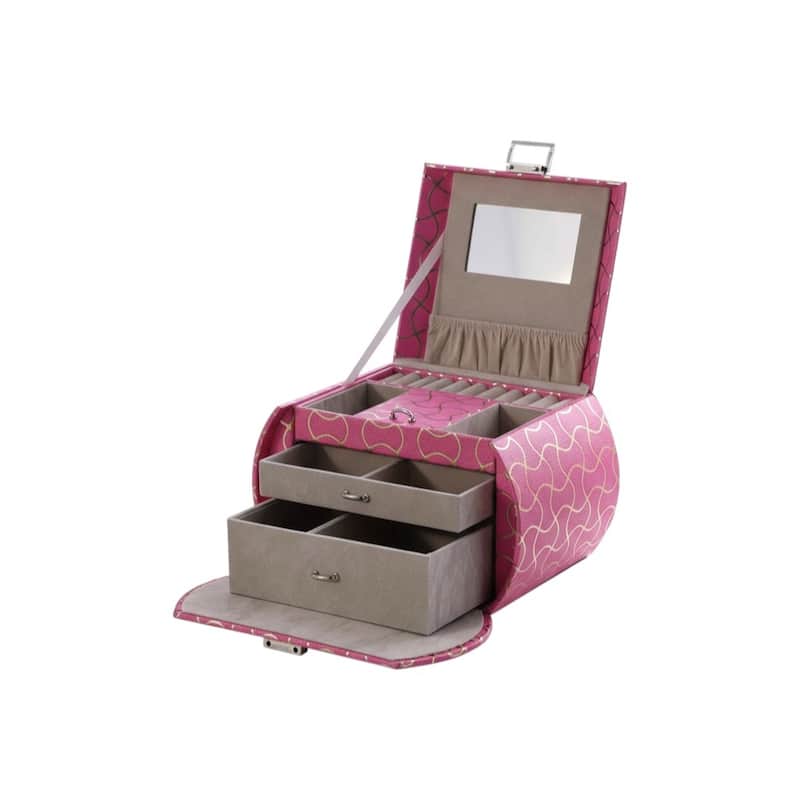 9" Hot Pink And Gold Faux Leather Abstract Scroll Jewelry Box Travel Case With Mirror