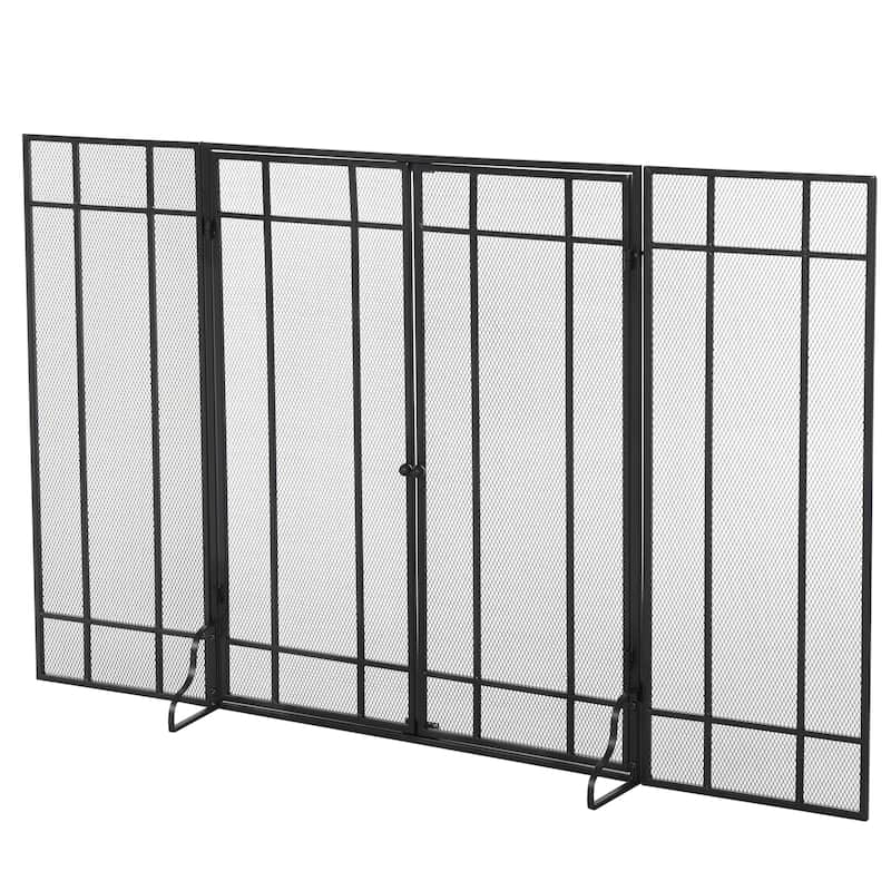 HOMCOM 3-Panel Metal Mesh Screen Fireplace with Foldable Steel Spark Guard and Magnetic Doors, Black