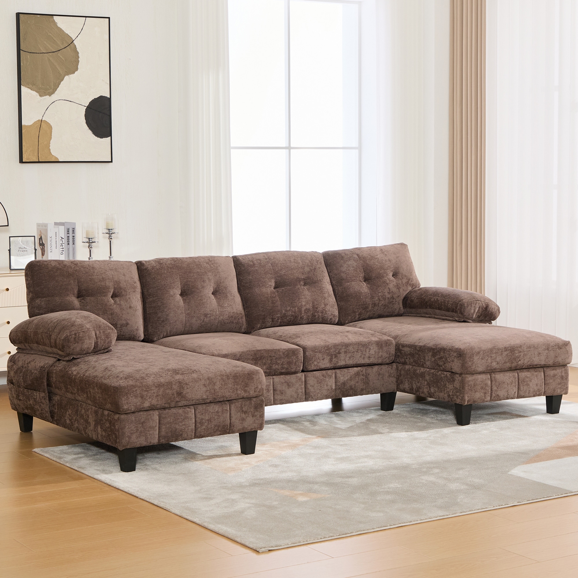 103.5" Chenille U-Shaped Sectional Sofa with Dual Chaise Lounges & Storage Pockets