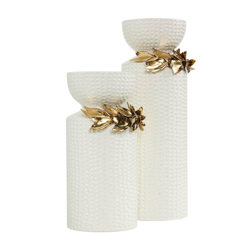 White Ceramic Candle Holder with Abstract Spotted Pattern and Gold Leaf Accents (Set of 2)