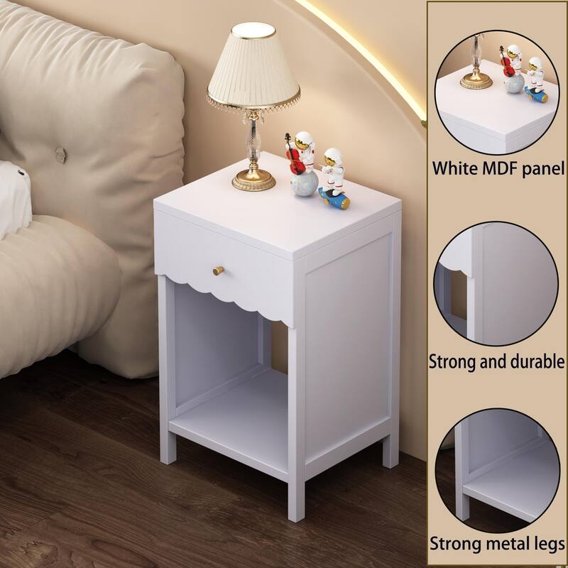 Modern Nightstand with Drawer and Open Shelf, Scalloped Edge Bedside Table for Bedroom, Cute Minimalist Side Table