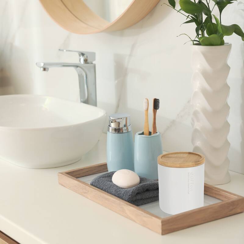 Sleek Cotton Pad Holder - Polyresin Bathroom Storage Container with Bamboo Lid - 4 L x 4 W x 4.6H