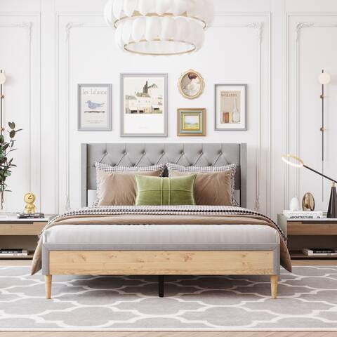 Queen Size Linen Fabric Upholstered Platform Bed with Rubber Wood Legs