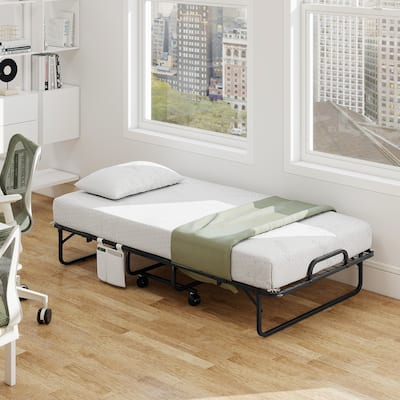 Twin Size Folding Metal Frame Rollaway Bed with Mattress and Pillow on Wheels for Bedroom