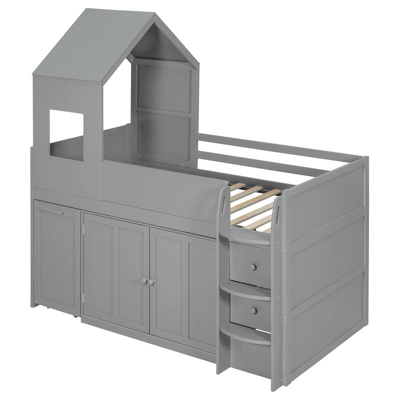 House-Style Kids Loft Bed Frame with Cabinets, Desk, Twin Size Wooden Loft Bed with Safety Guardrail & Storage Ladder