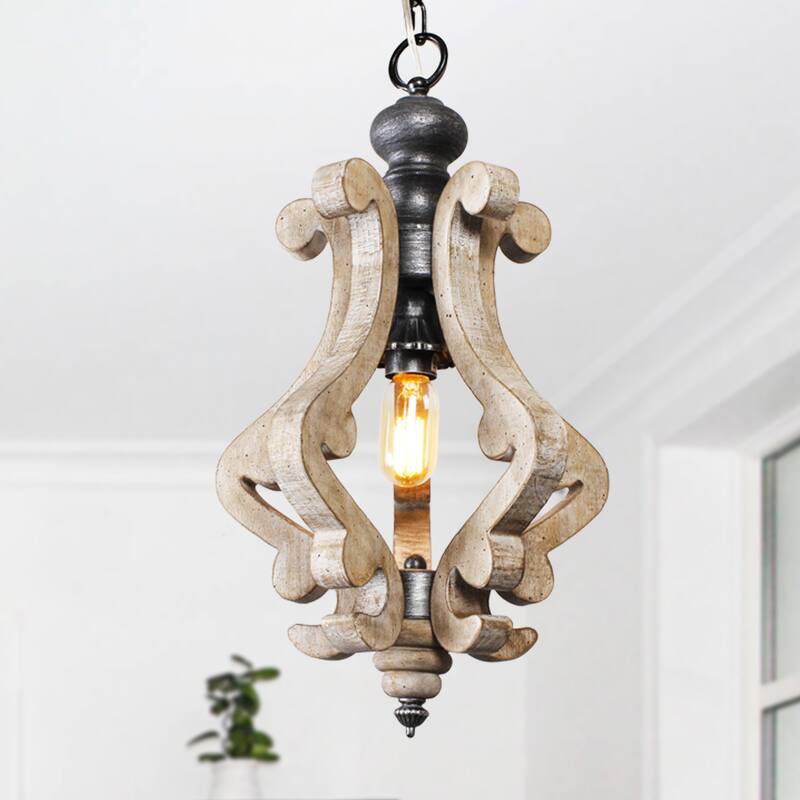 Cusp Barn Farmhouse Light Fixtures Chandelier 1-Light Rustic Wood Pendant Light with Adjustable Chain for Kitchen Island - Weathered Wood