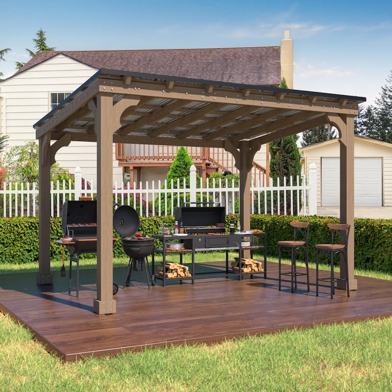 VEIKOUS Wood BBQ Grill Gazebo with Steel Roof for Patio Garden Backyard and Lawn - 10'×12'