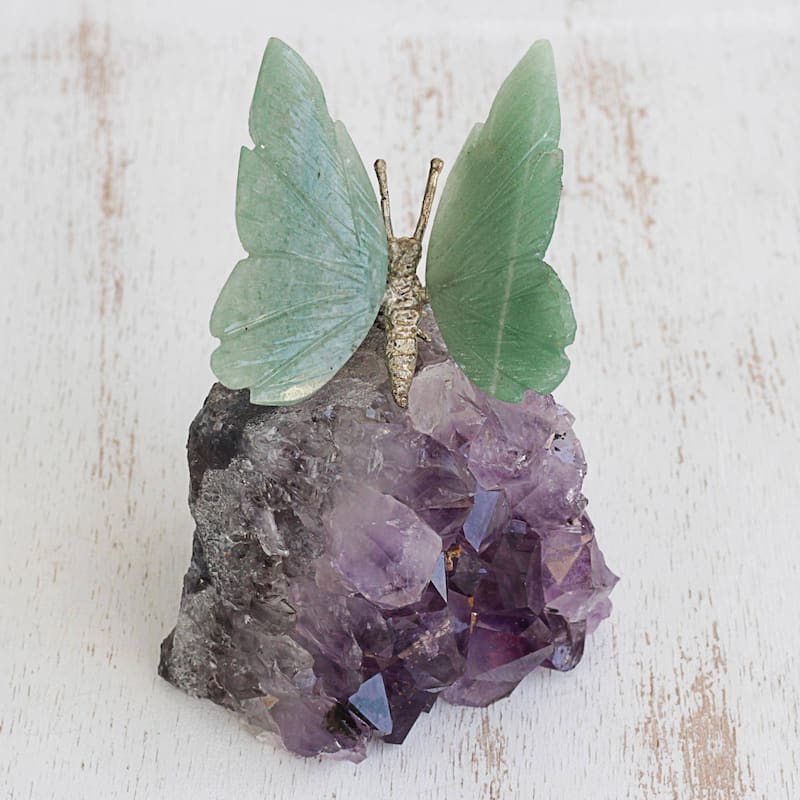 NOVICA Verdant Wings, Quartz and amethyst gemstone sculpture
