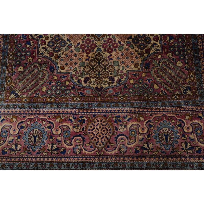 Hand Knotted Oriental 100% Silk Carpet Traditional Floral Beige & Ivories Kashan Area Rug - 6' 8'' X 4' 3''