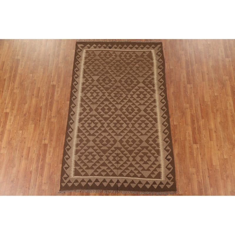 Geometric Brown Kilim Oriental Area Rug Hand-woven Wool Carpet - 5'2" x 8'2"