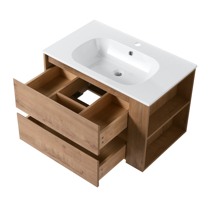 30 Inch Wall Mounted Plywood Bathroom Vanity Set with Integrated Resin Basin and Drawer