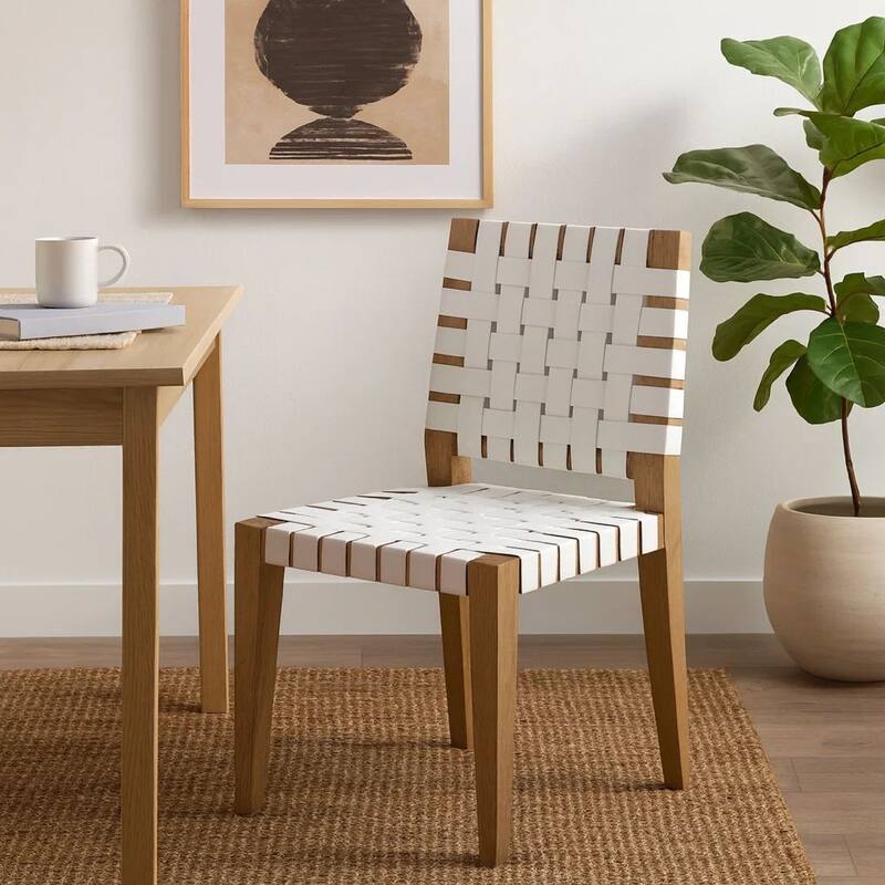 Rux 19 Inch Dining Chair, Woven Faux Leather Seat, Set of 2, White, Brown Wood