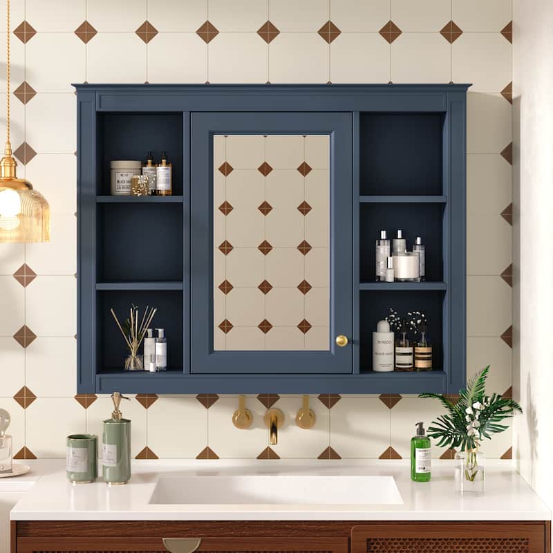 35" x 27.5" Modern Bathroom Medicine Cabinet, Wall Mounted Bathroom Storage Cabinet with Mirror & Shelves (Not Include Vanity ) - Blue