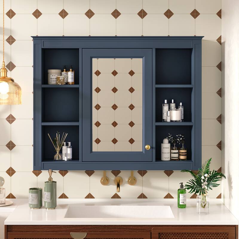 GDFStudio - Riggs Modern Wall-Mounted Bathroom Storage Cabinet with Mirror and Open Shelves (Not Include Bathroom Vanity) - Blue