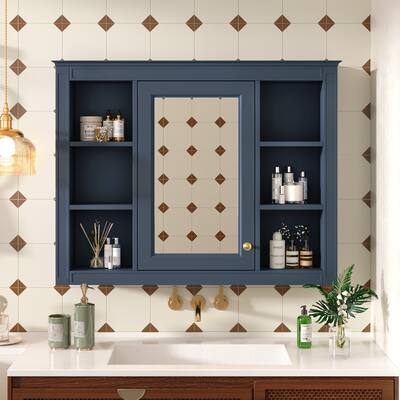 Simple and Stylish Mirror Cabinet with 6 Open Shelves, 35'' x 27.5'' Wall Mounted Bathroom Storage Cabinet with Mirror, Blue