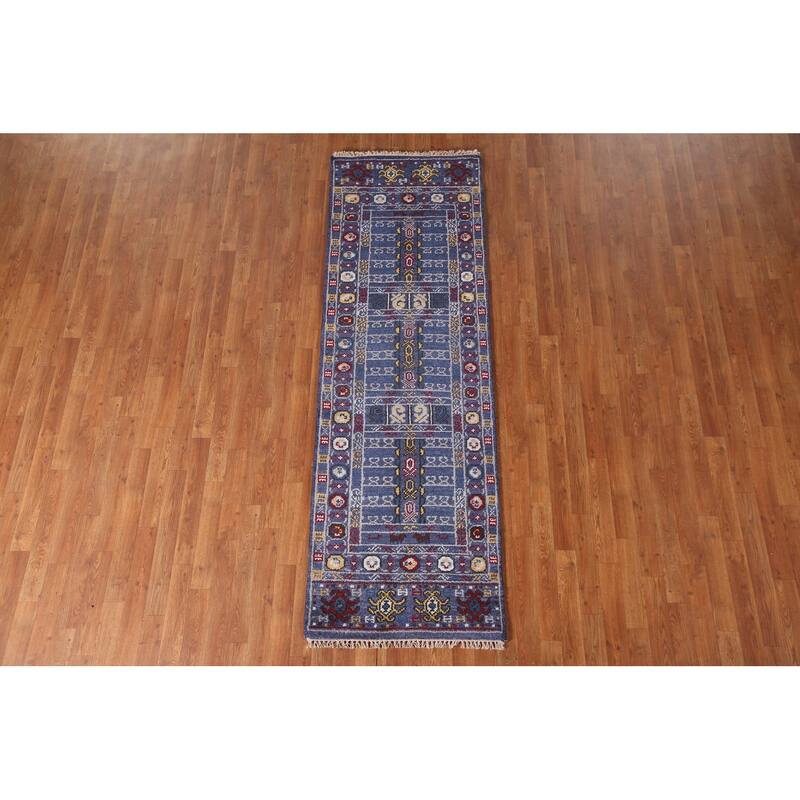 Blue Geometric Kazak Indian Runner Rug Handmade Wool Carpet - 2'7"x 8'0"
