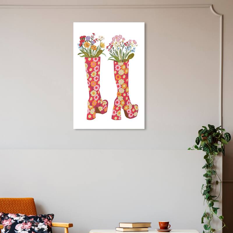 Wynwood Studio Canvas Fashion and Glam Floral Boots Red and Modern & Contemporary Wall Art Canvas Print - 30 x 20