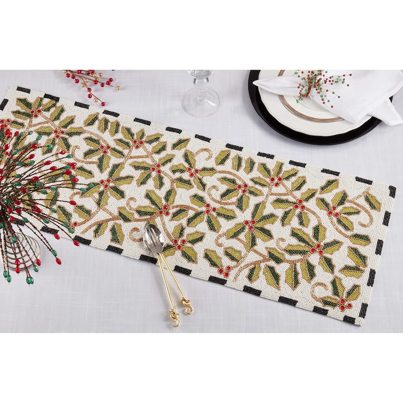 Sparkling Holly Leaves Beaded Table Runner - 16"x72"