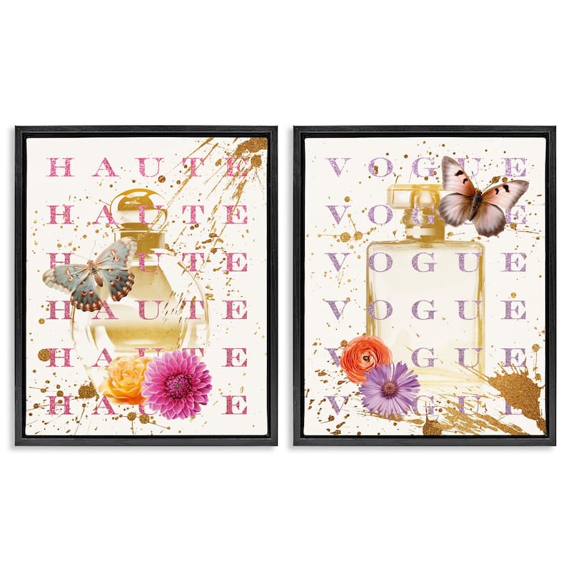 Stupell Glam Perfumes with Butterflies Framed Floater Canvas Wall Art Design By Susan Arnot (Set of 2) - 25 x 31 - Black
